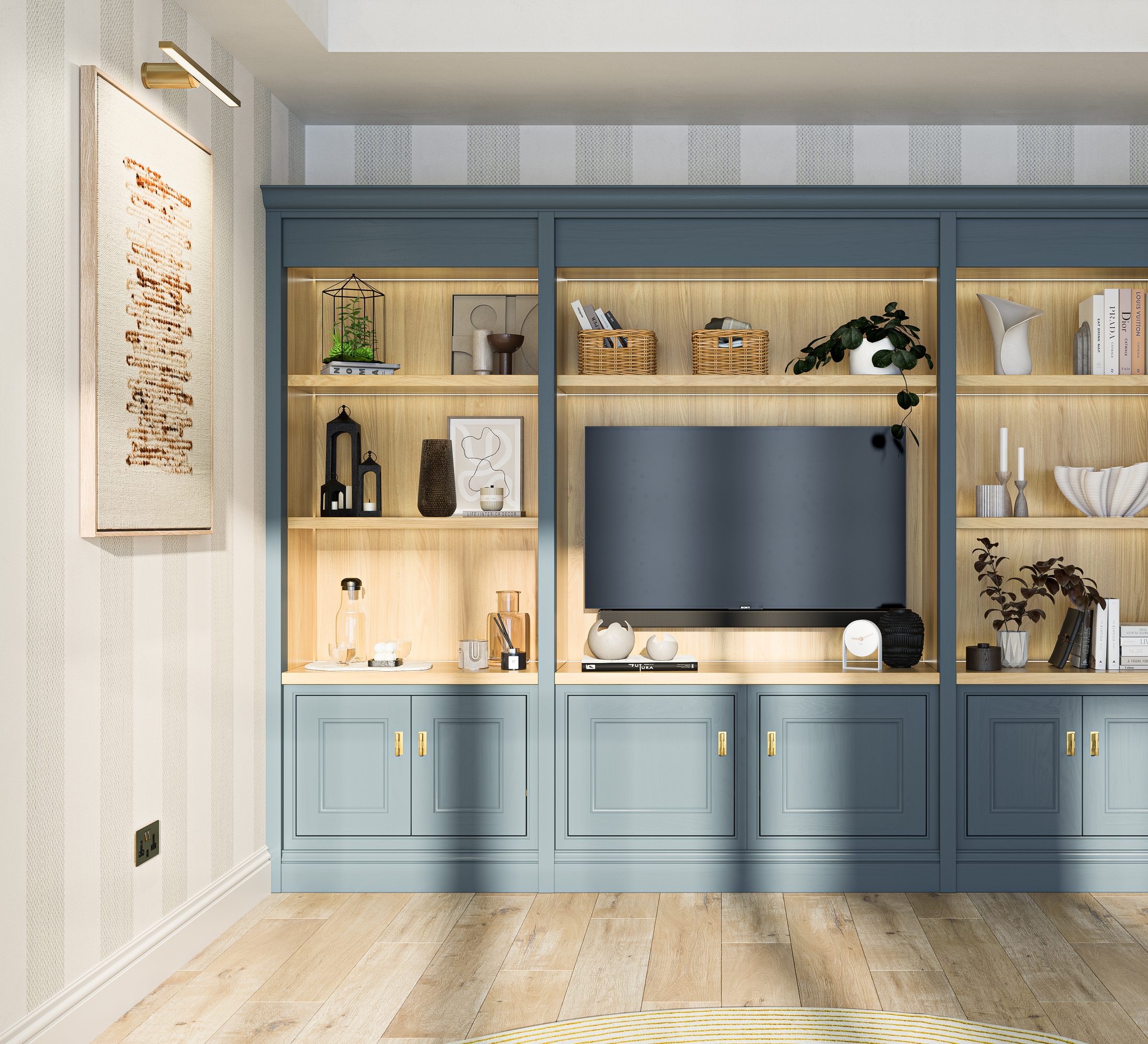 Fitted display shelving with open storage and integrated lighting