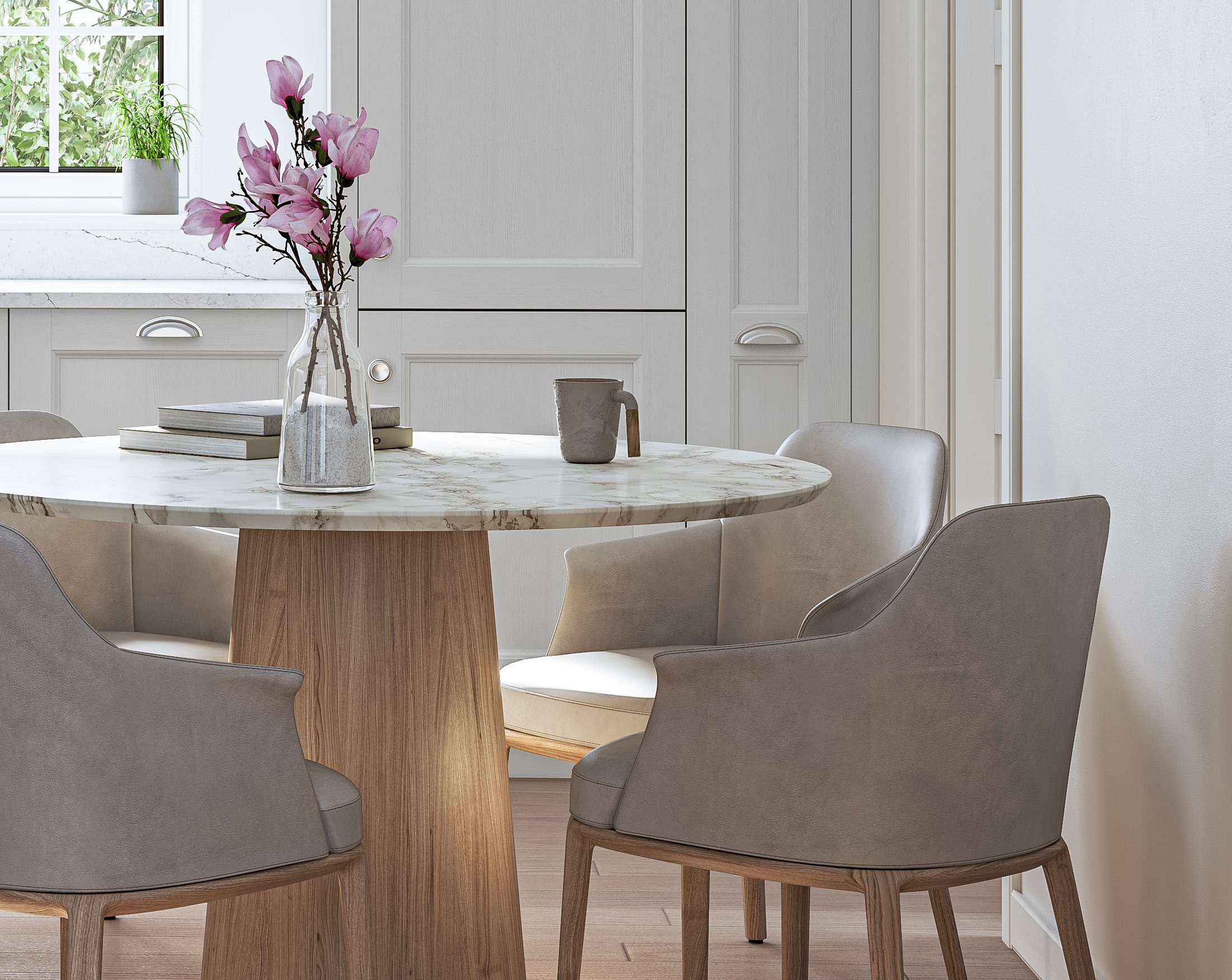 Close view of upholstered chair backs around a round table