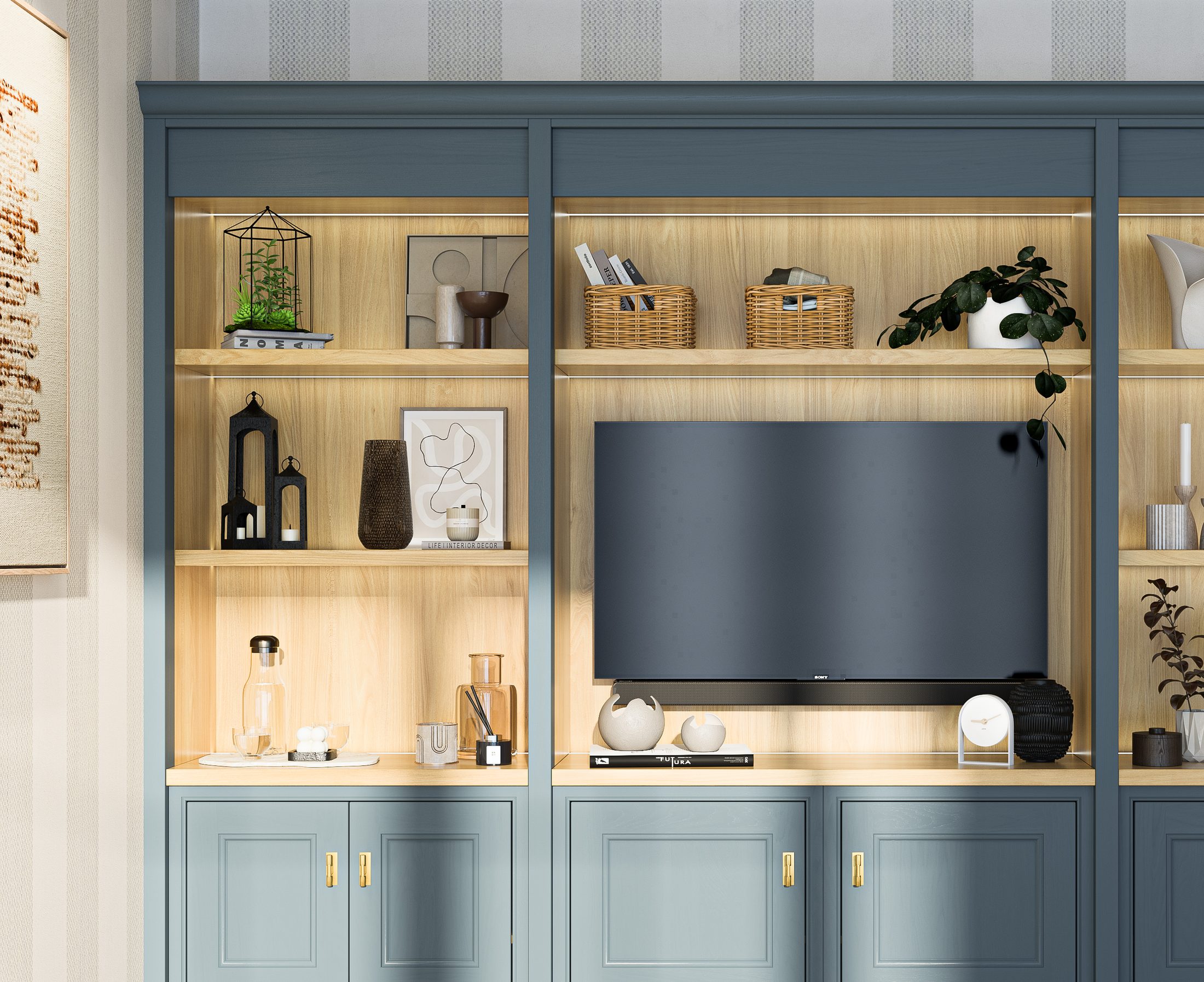 Close view of fitted display shelving with integrated lighting