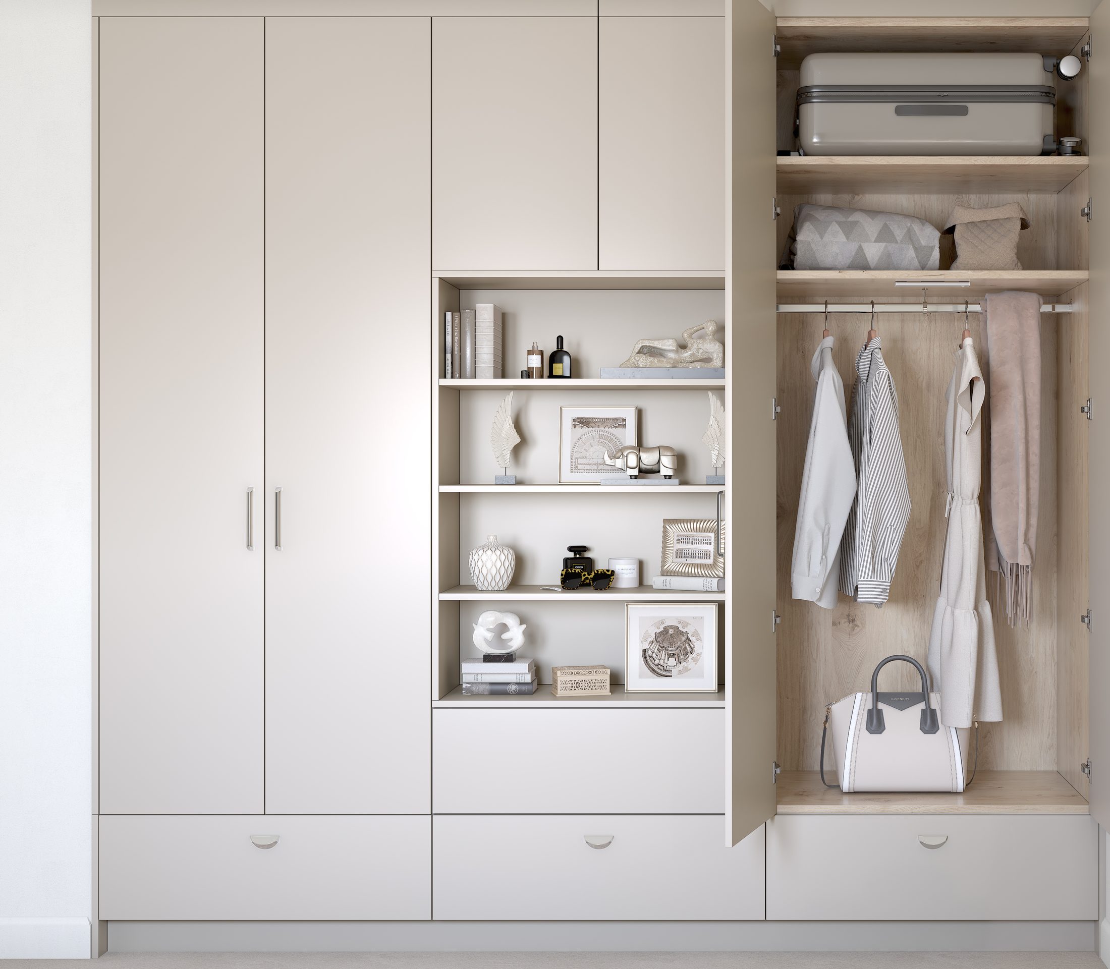 Fitted storage wall with cupboards, open shelving and hanging space