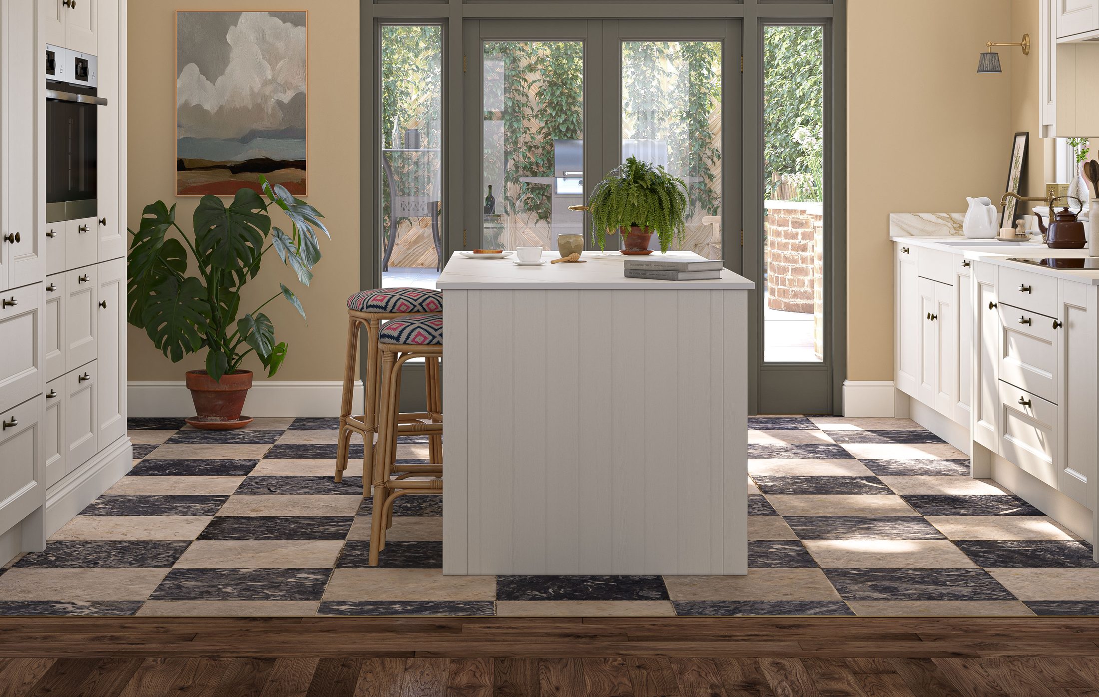 Bright staff-room style counter area with stools and fitted storage