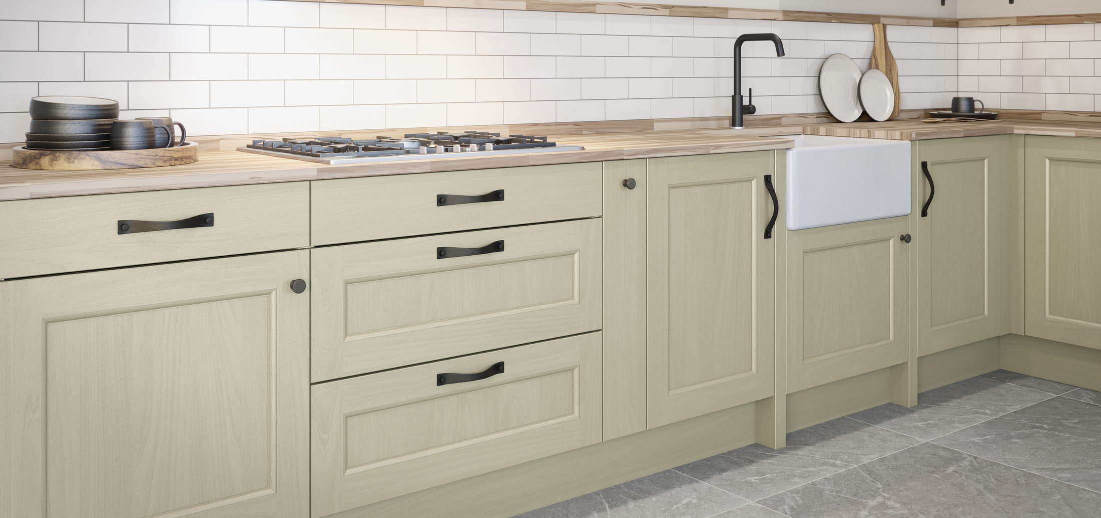 Counter run with fitted storage, sink and hard-wearing worktop